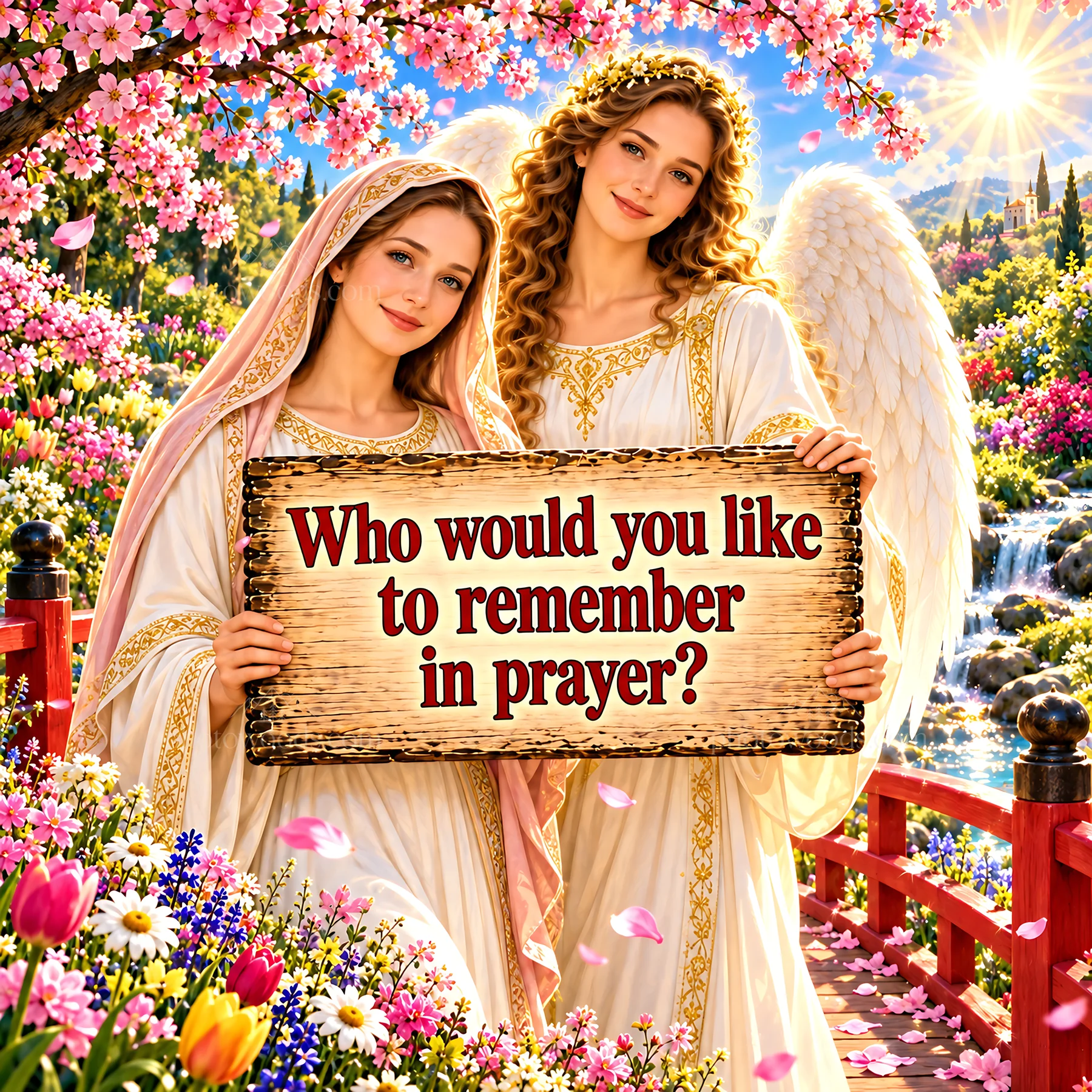 Jesus Christ caring for the faithful in a vibrant garden setting - AI-generated stock image