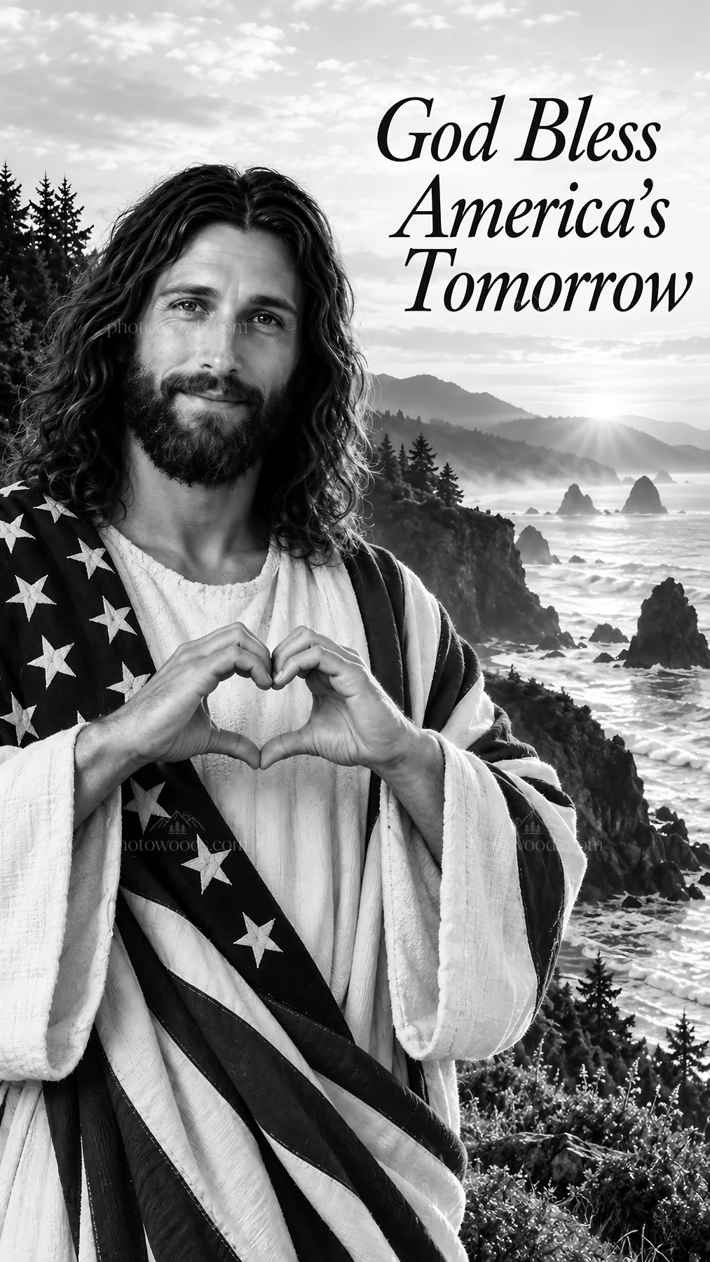 Jesus Christ making a heart gesture with a scenic background - AI-generated stock image