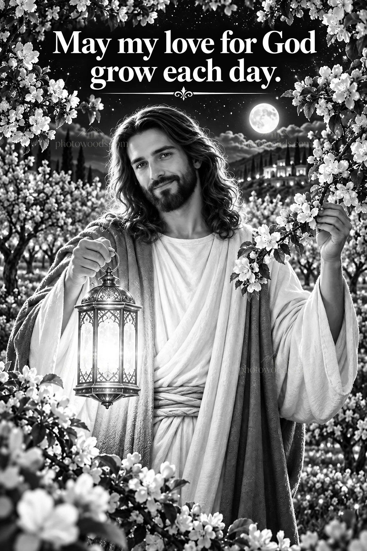 Jesus Christ holding a lantern among flowers at night - AI-generated stock image