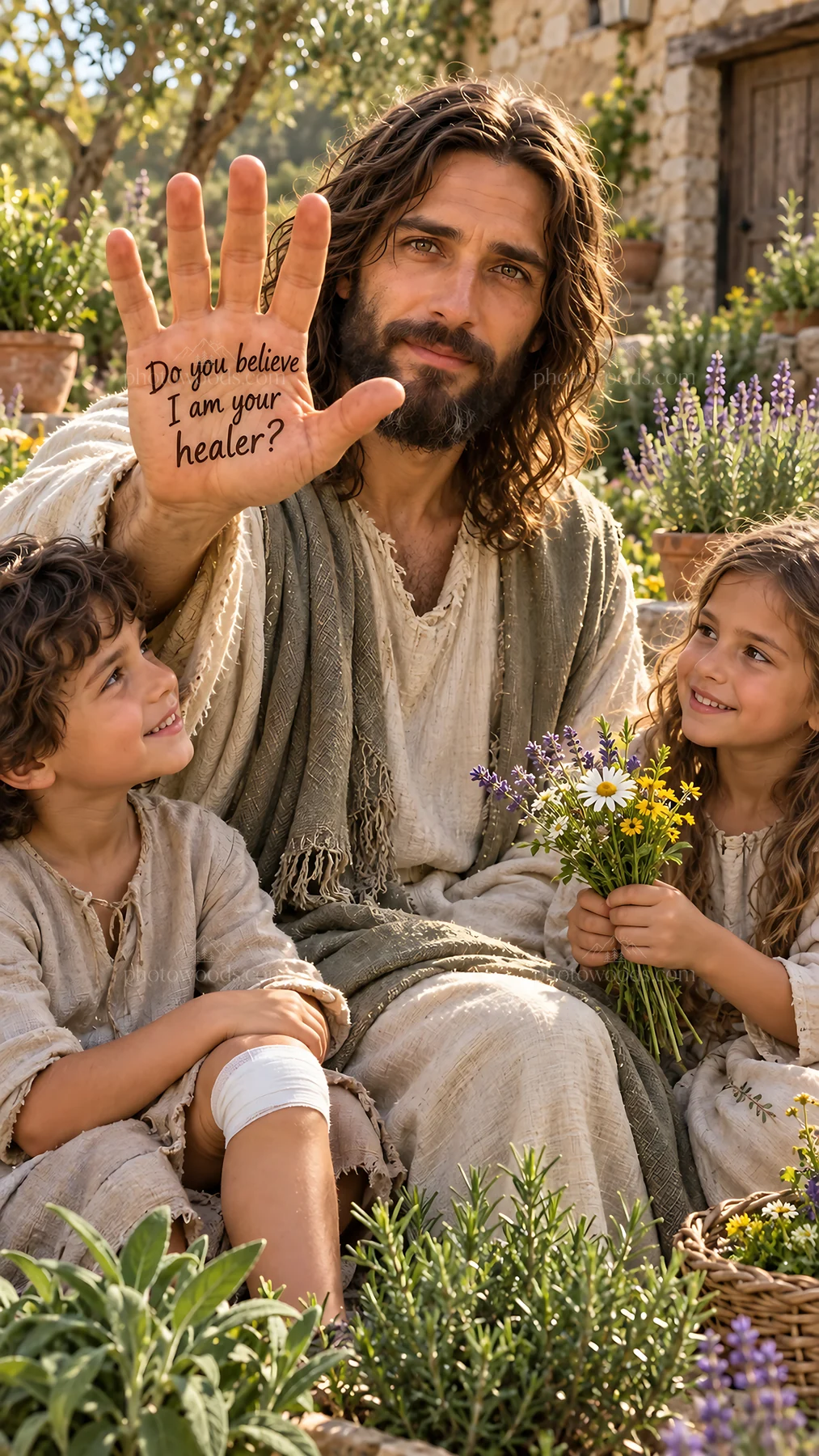 Jesus Christ with children asking about healing - AI-generated stock image