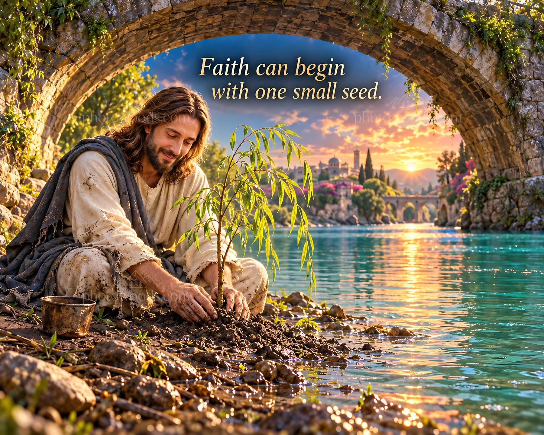 Jesus Christ planting a seed by the river - AI-generated stock image