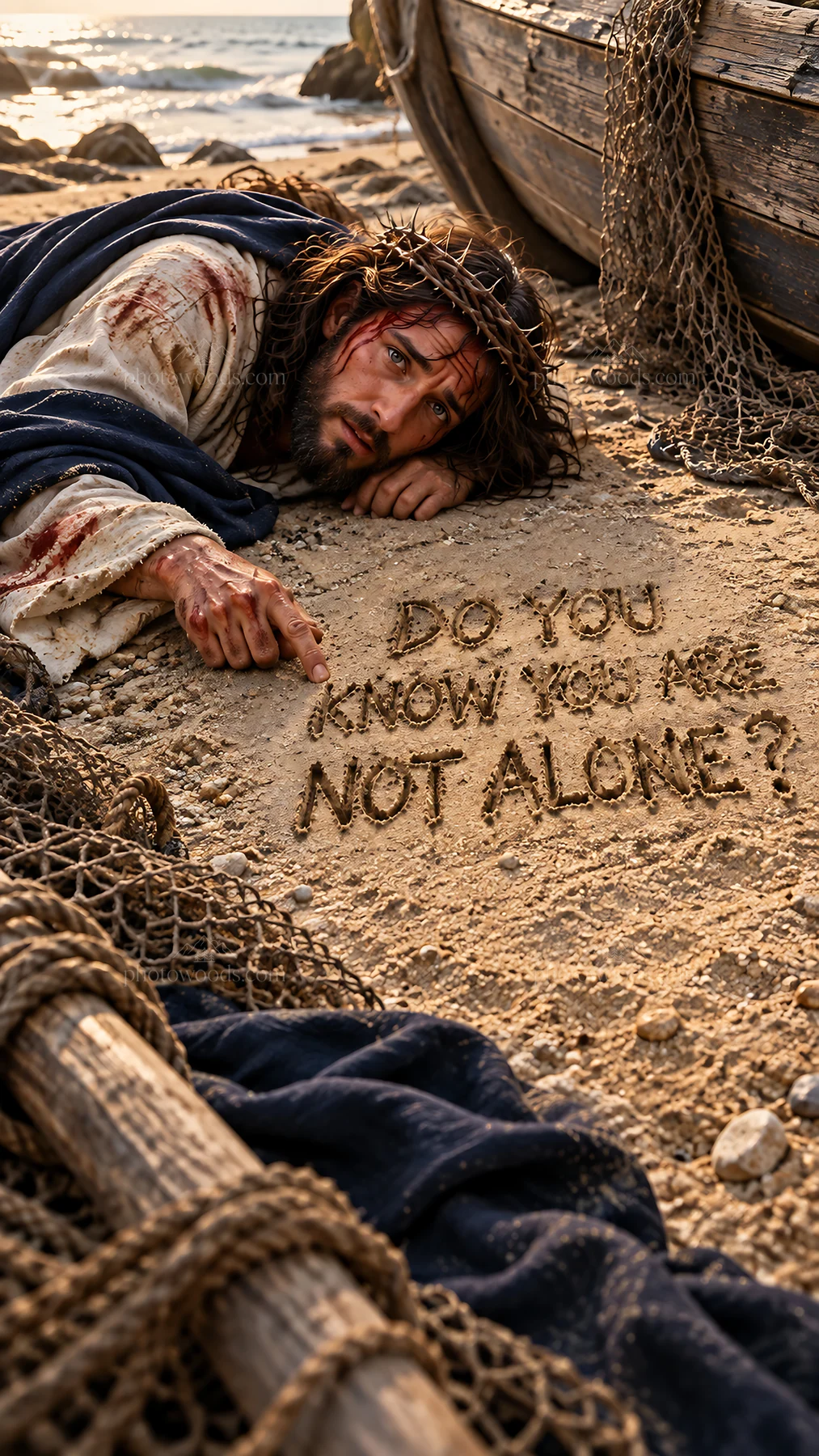 Jesus Christ comforts with message in the sand - AI-generated stock image