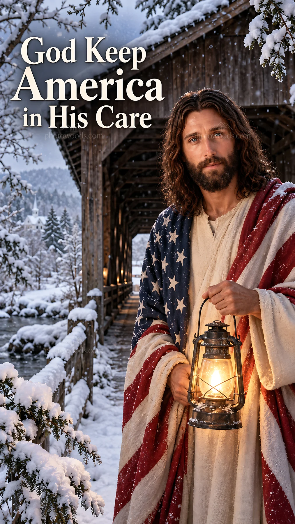 Jesus Christ holds a lantern while wearing an American flag - AI-generated stock image
