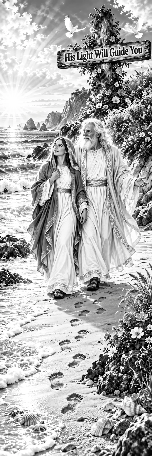Jesus Christ walking on the beach with a woman at sunset - AI-generated stock image
