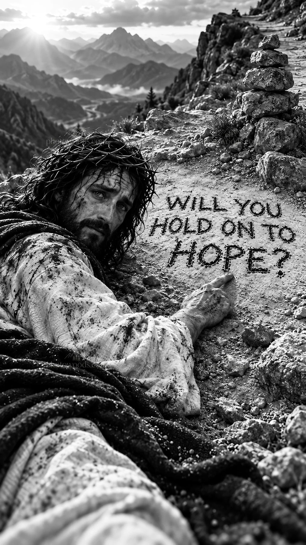 Jesus Christ writing about hope on a mountain - AI-generated stock image