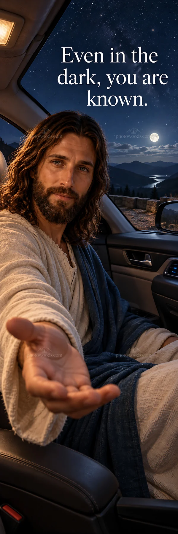 Jesus Christ extending his hand in a car at night - AI-generated stock image