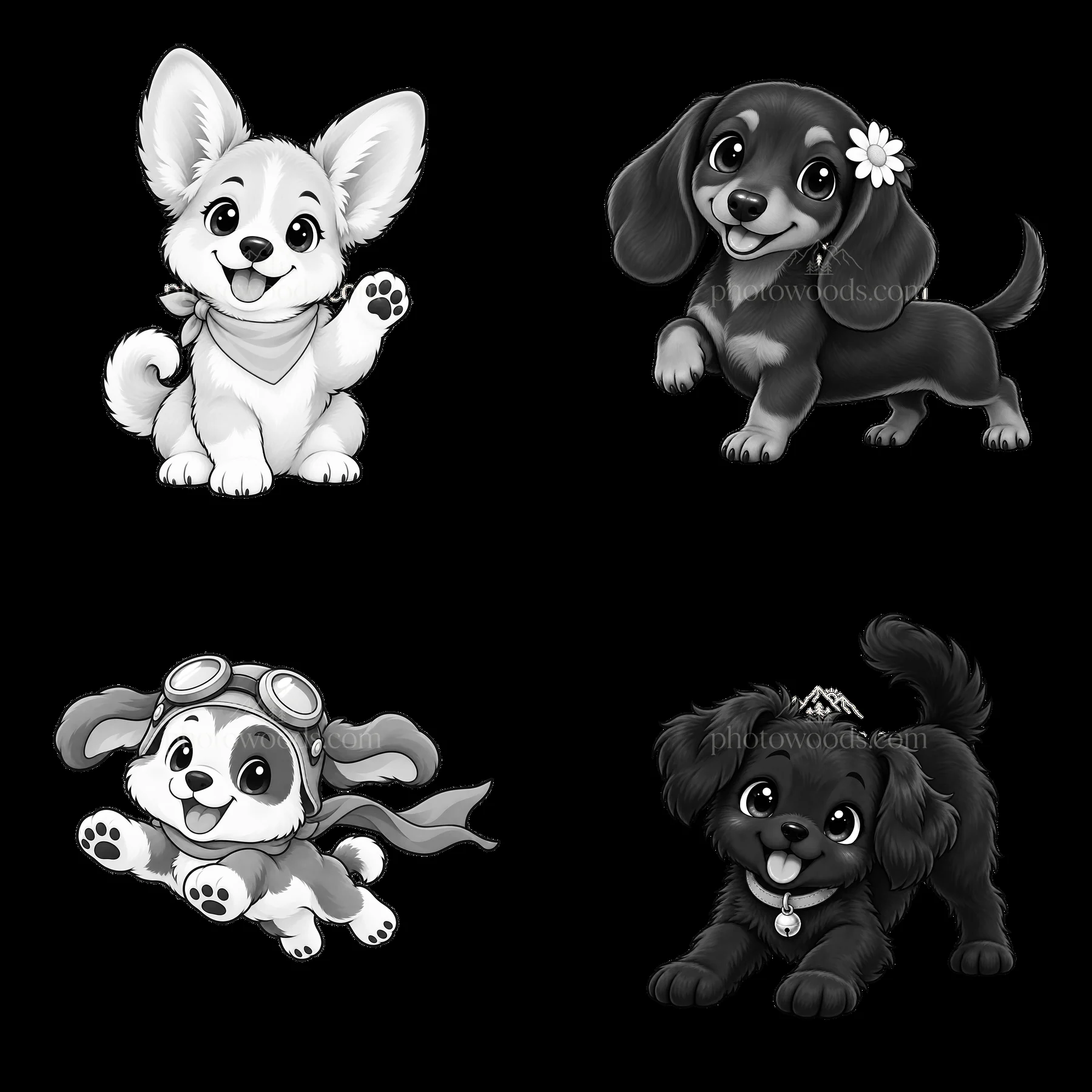 Cute dog sticker set with four playful cartoon pups - AI-generated stock image