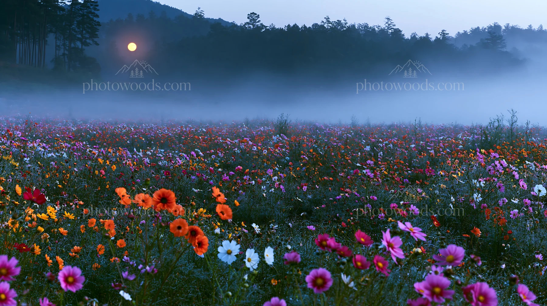 Colorful cosmos meadow with sunset and mist at dusk - AI-generated stock image
