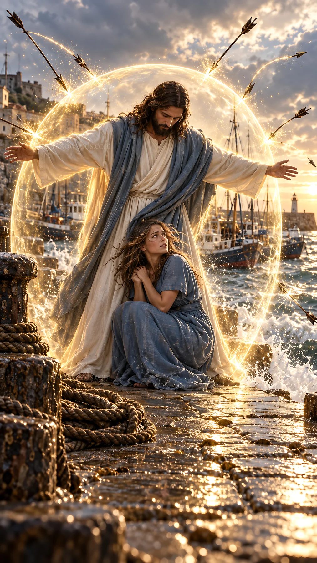 Jesus Christ protects a woman from danger by the sea - AI-generated stock image
