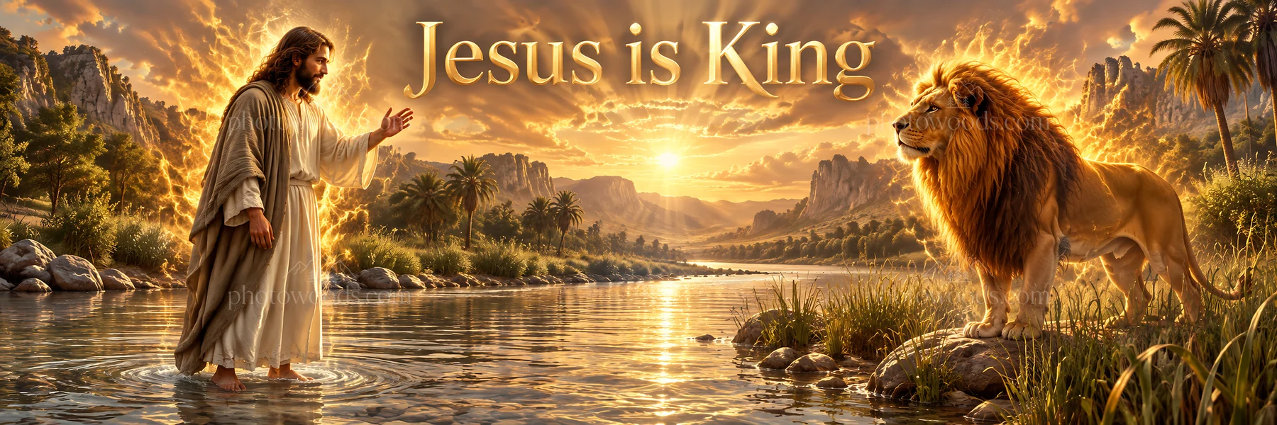 Jesus Christ welcomes a lion beside a river at sunset - AI-generated stock image
