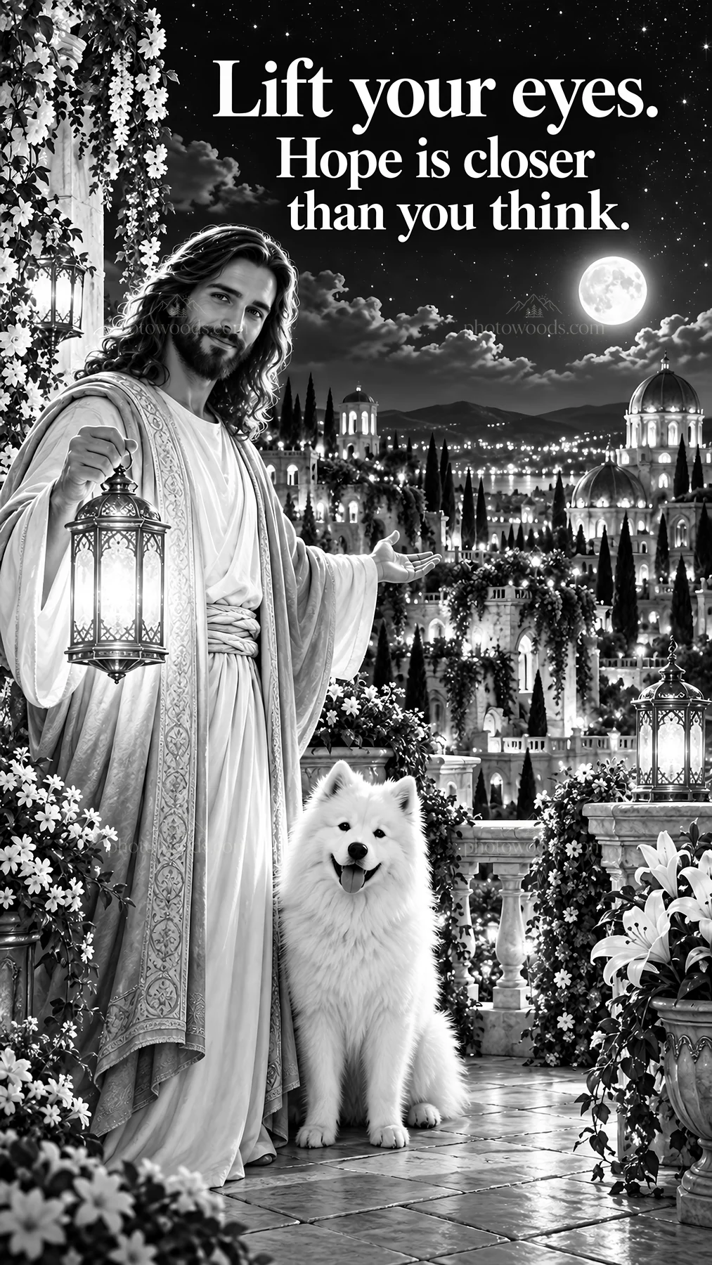 Jesus Christ offering hope with a dog in a garden setting - AI-generated stock image