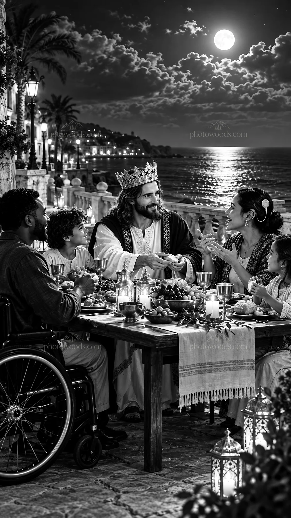 Jesus Christ sharing a meal with family by the sea - AI-generated stock image