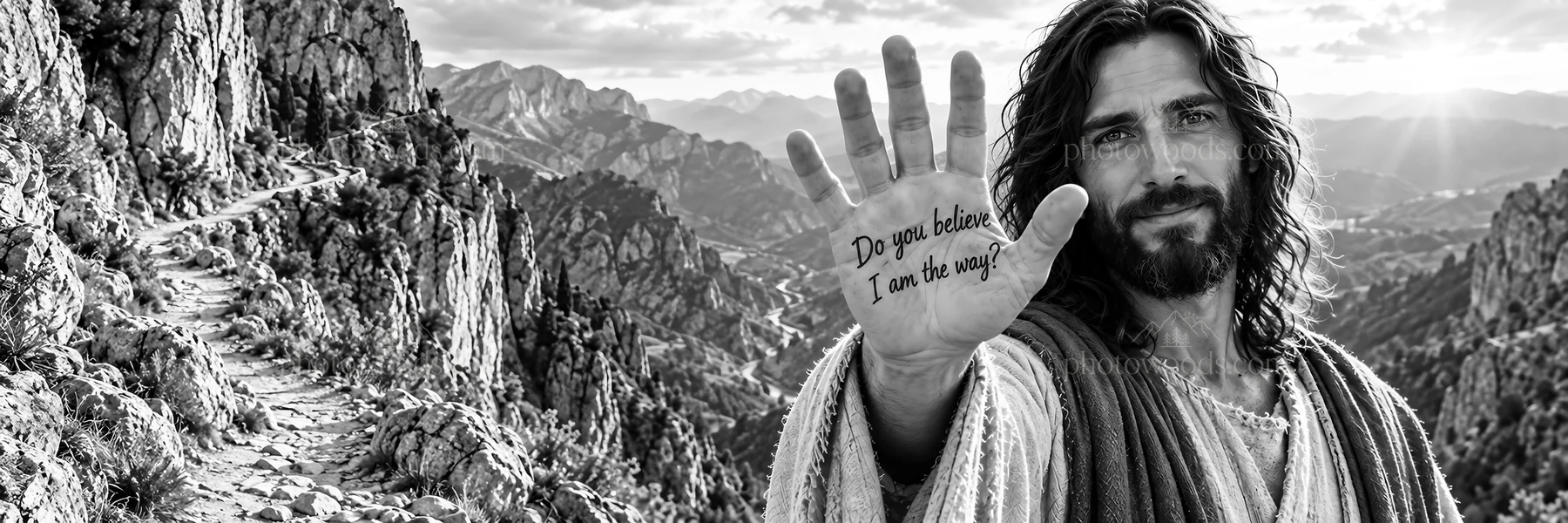 Jesus Christ offers guidance on a mountain path - AI-generated stock image