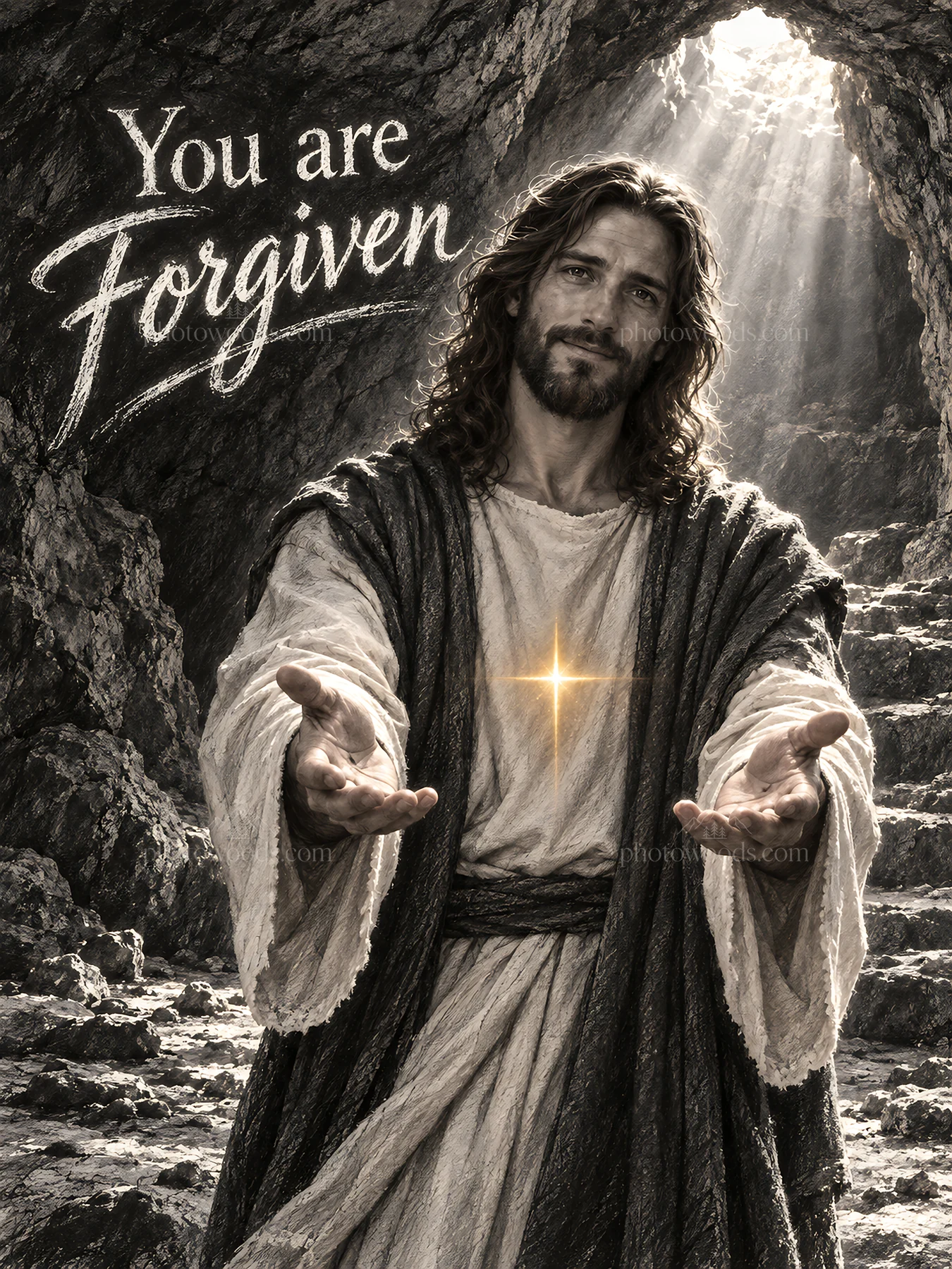 Jesus Christ offers forgiveness in a cave setting - AI-generated stock image