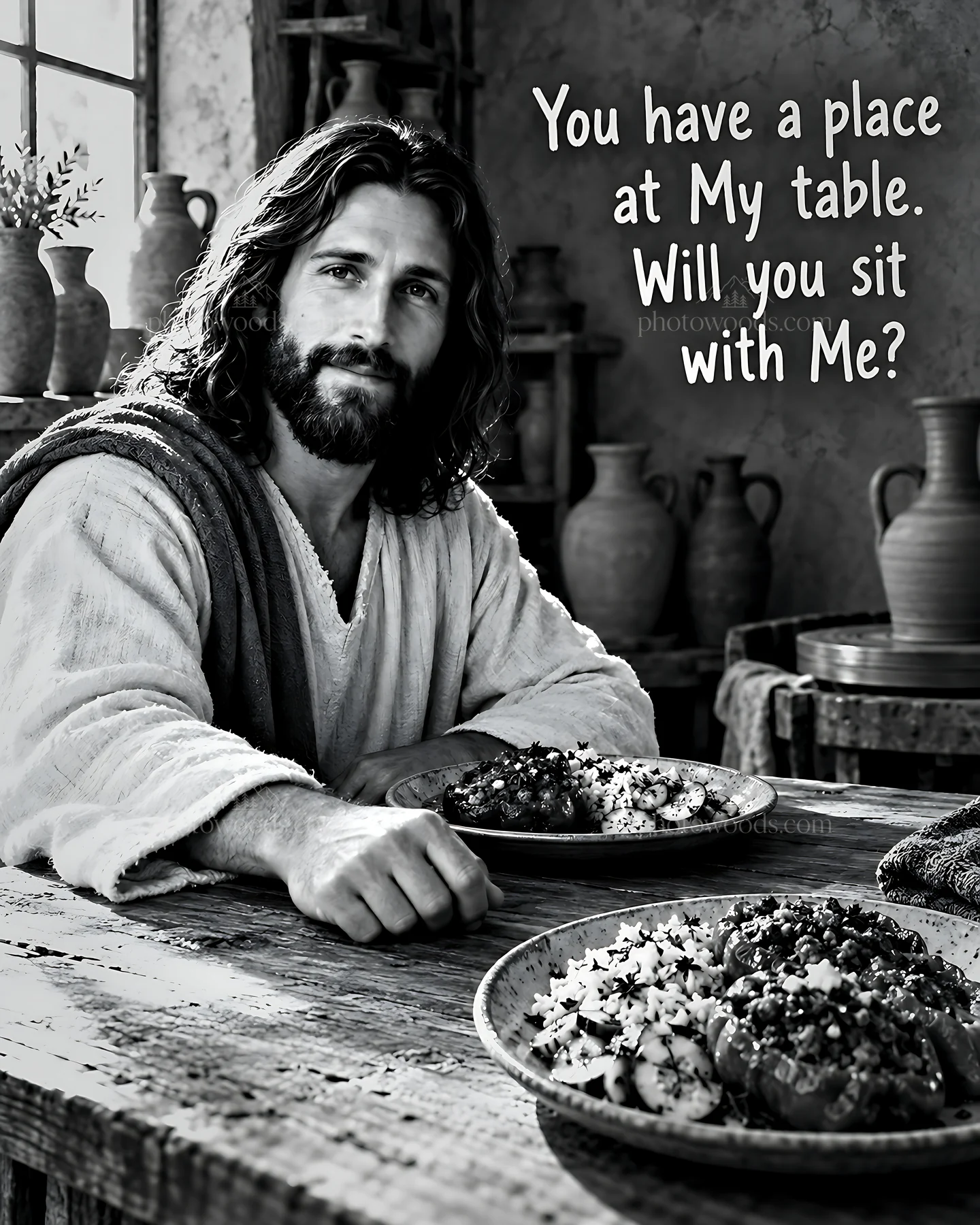 Dinner in the Potter's Workshop invites you to share a meal - AI-generated stock image
