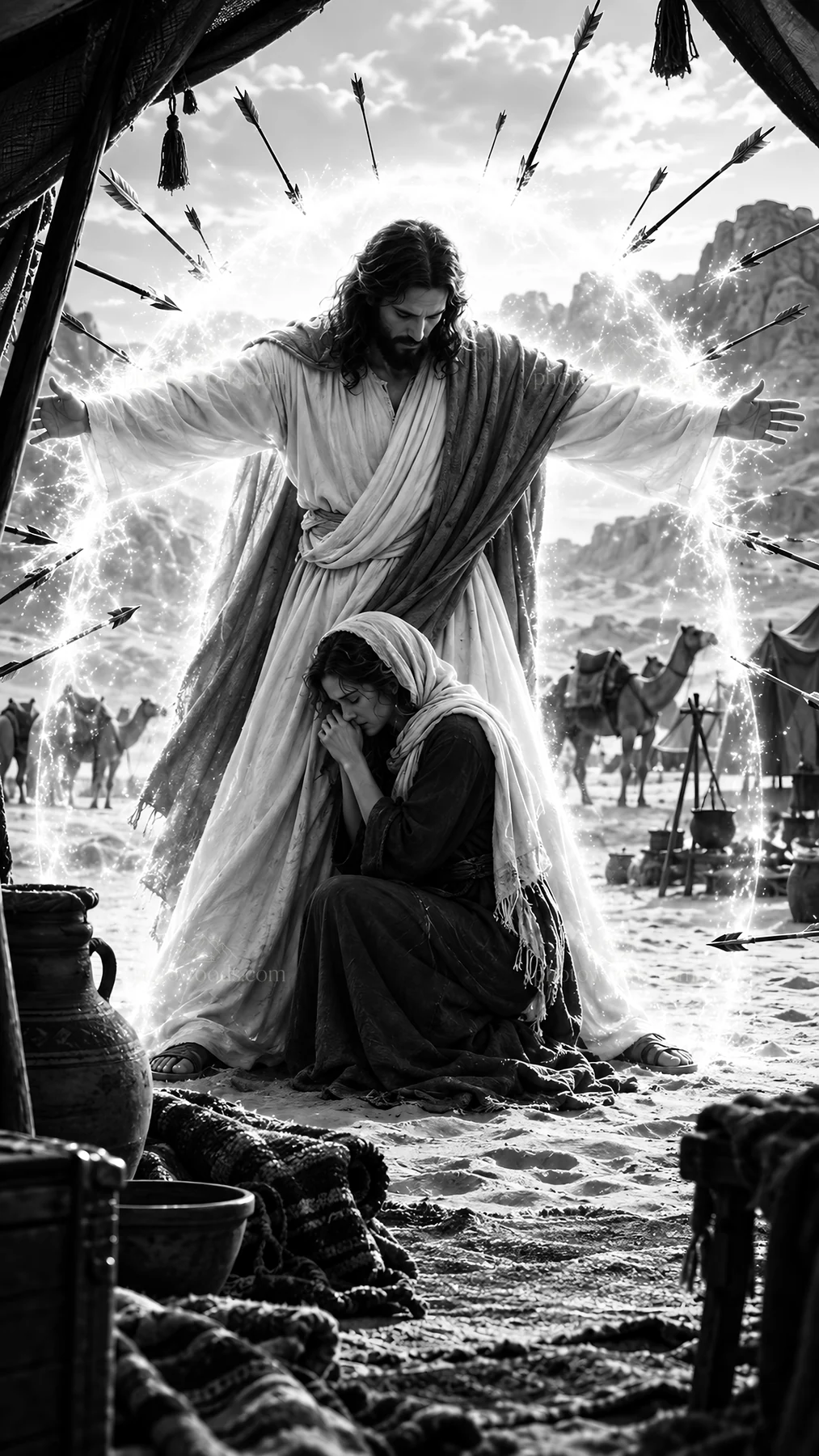 Jesus Christ comforting a suffering person in a desert setting - AI-generated stock image