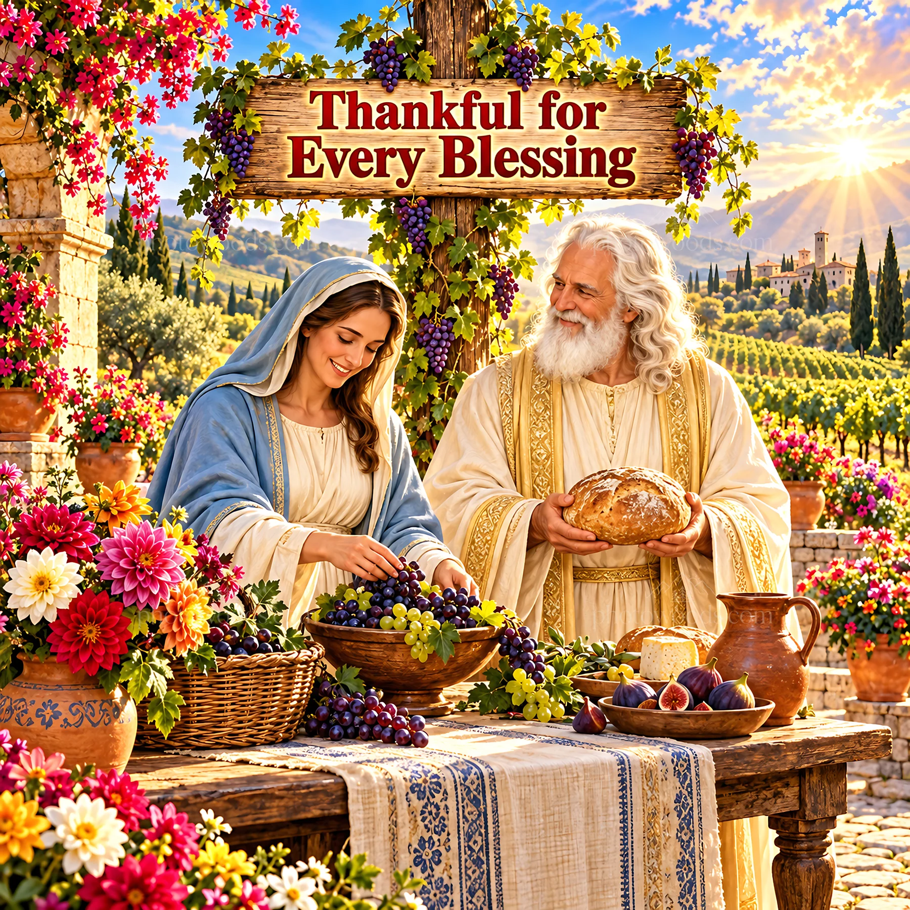 Jesus Christ sharing a meal and celebrating blessings - AI-generated stock image