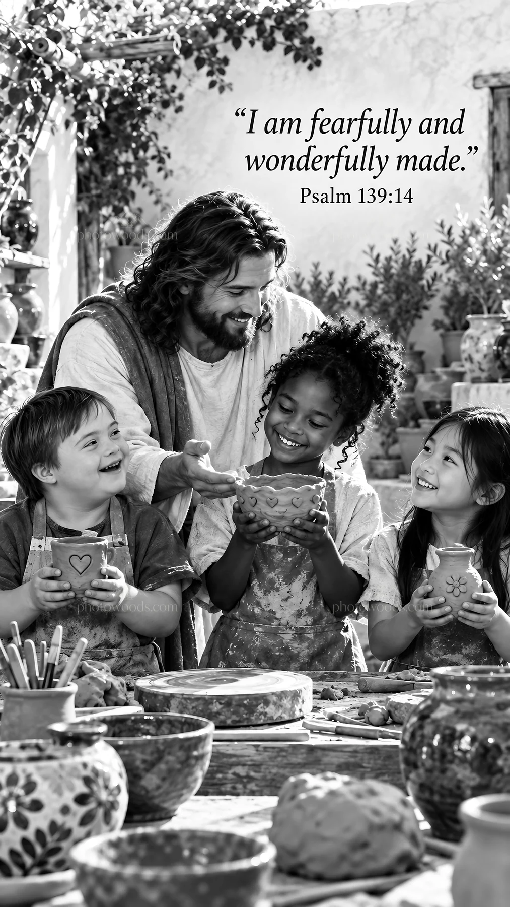 Jesus Christ teaching children about creativity and joy - AI-generated stock image