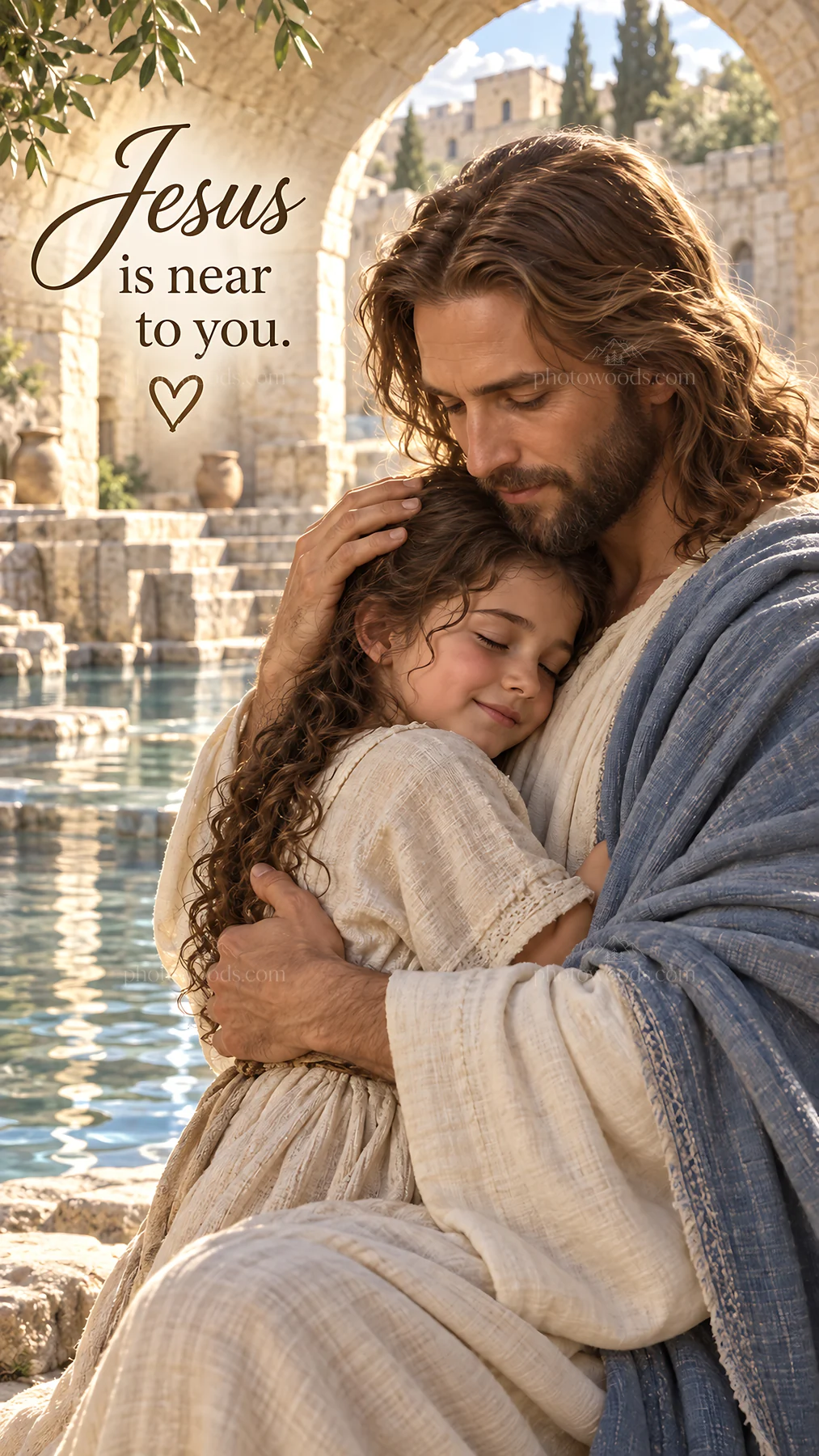 Jesus Christ comforting a child - AI-generated stock image