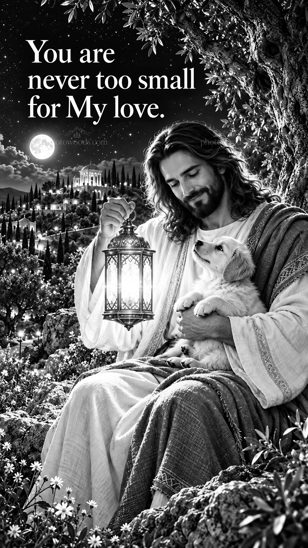 Jesus Christ holding a lantern while comforting a dog - AI-generated stock image