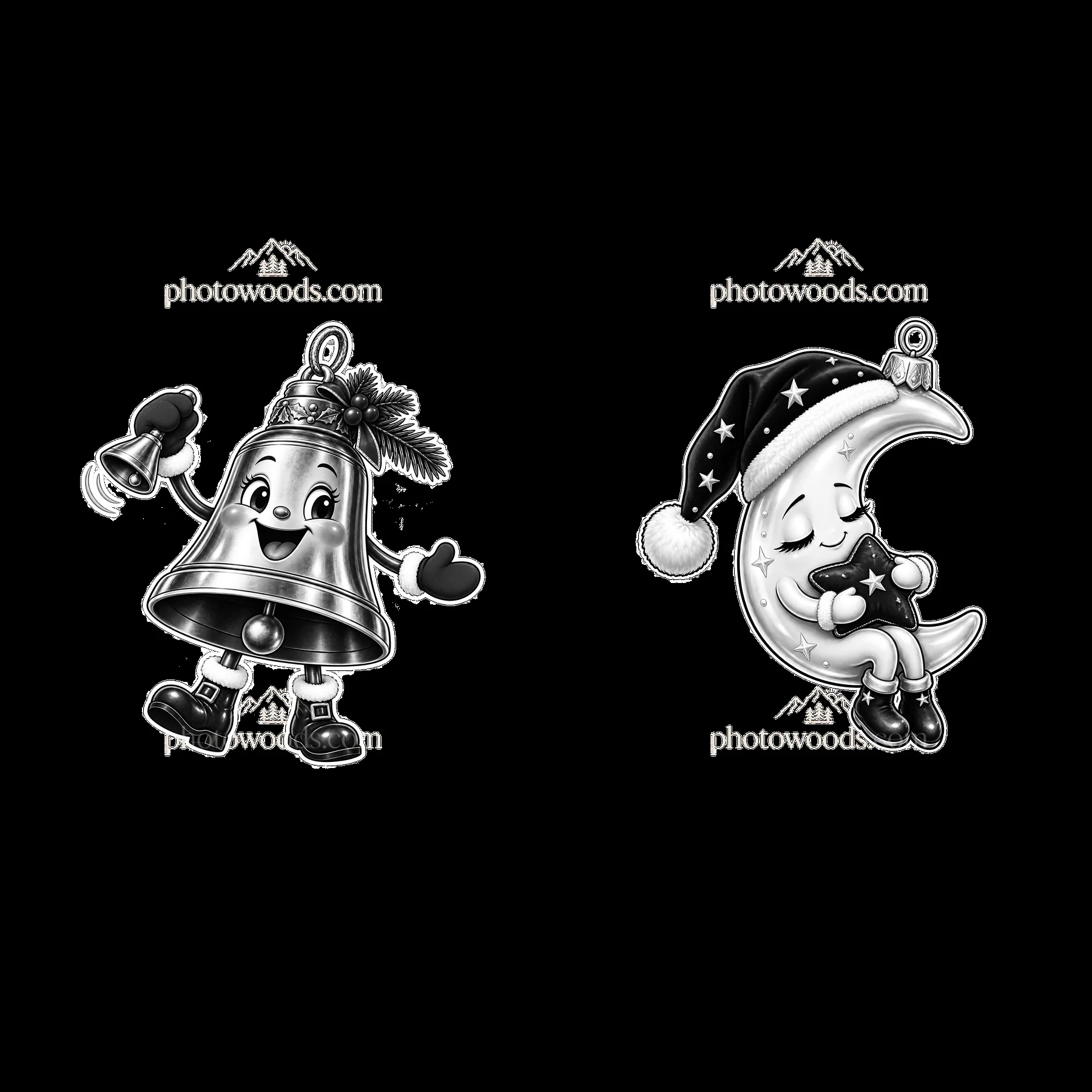 Cute bell and moon cartoon ornaments for Christmas celebration - AI-generated stock image