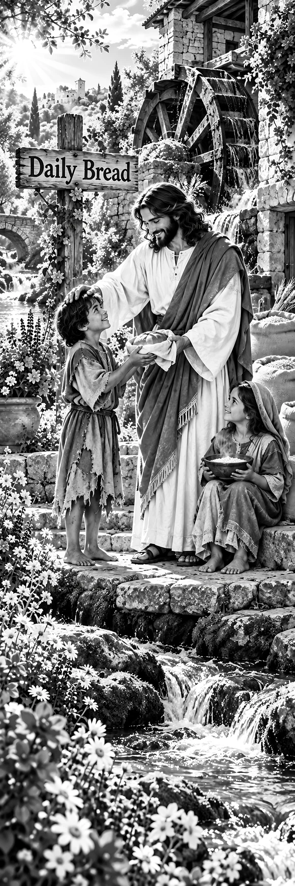 Jesus Christ sharing bread with children - AI-generated stock image