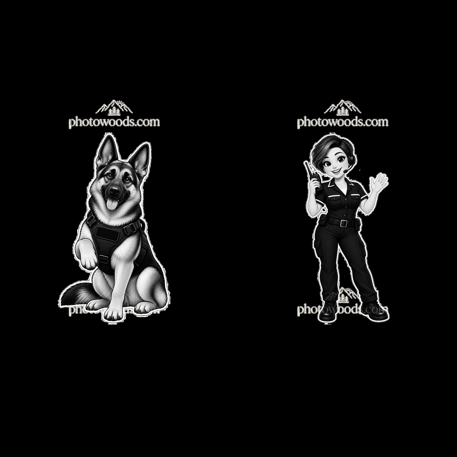 Police dog and female officer cartoon sticker design - AI-generated stock image