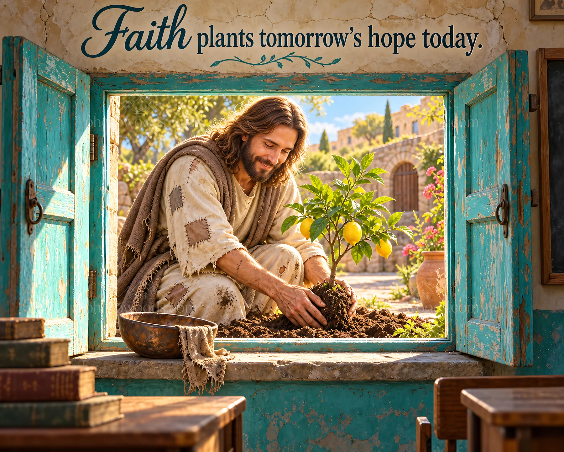 Jesus Christ planting seeds in a bright, nurturing environment - AI-generated stock image