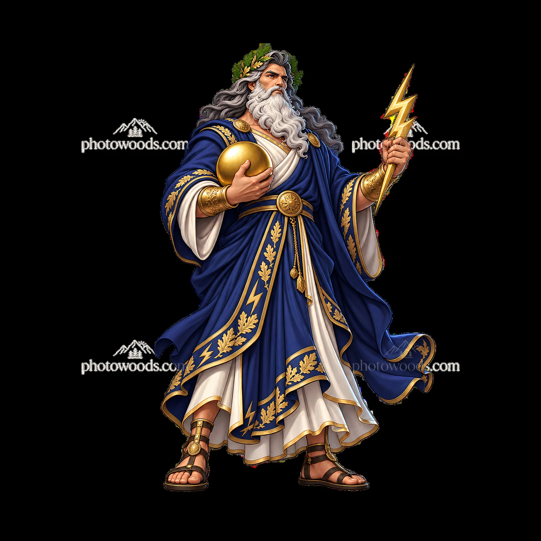 Zeus standing with lightning bolt and globe in detailed robe - AI-generated stock image
