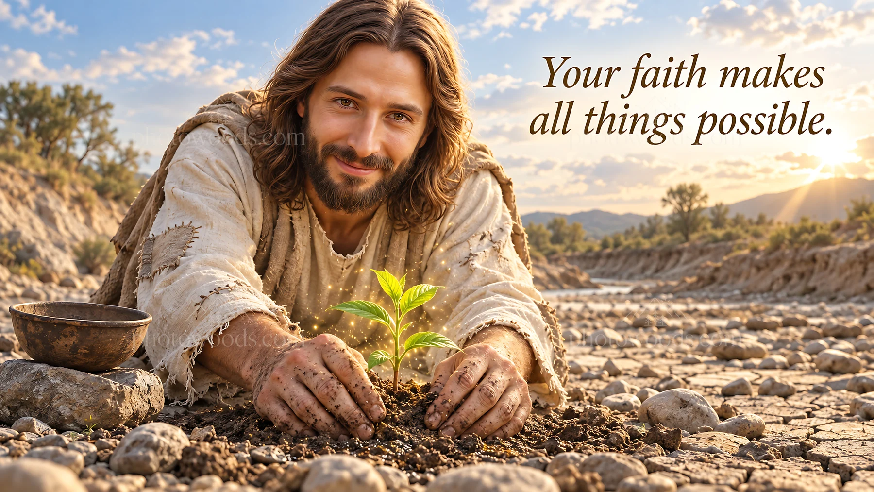 Jesus Christ planting a seed in a dry landscape - AI-generated stock image