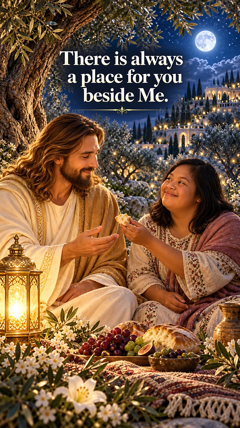 Jesus Christ sharing a meal with a woman in a garden setting - AI-generated stock image