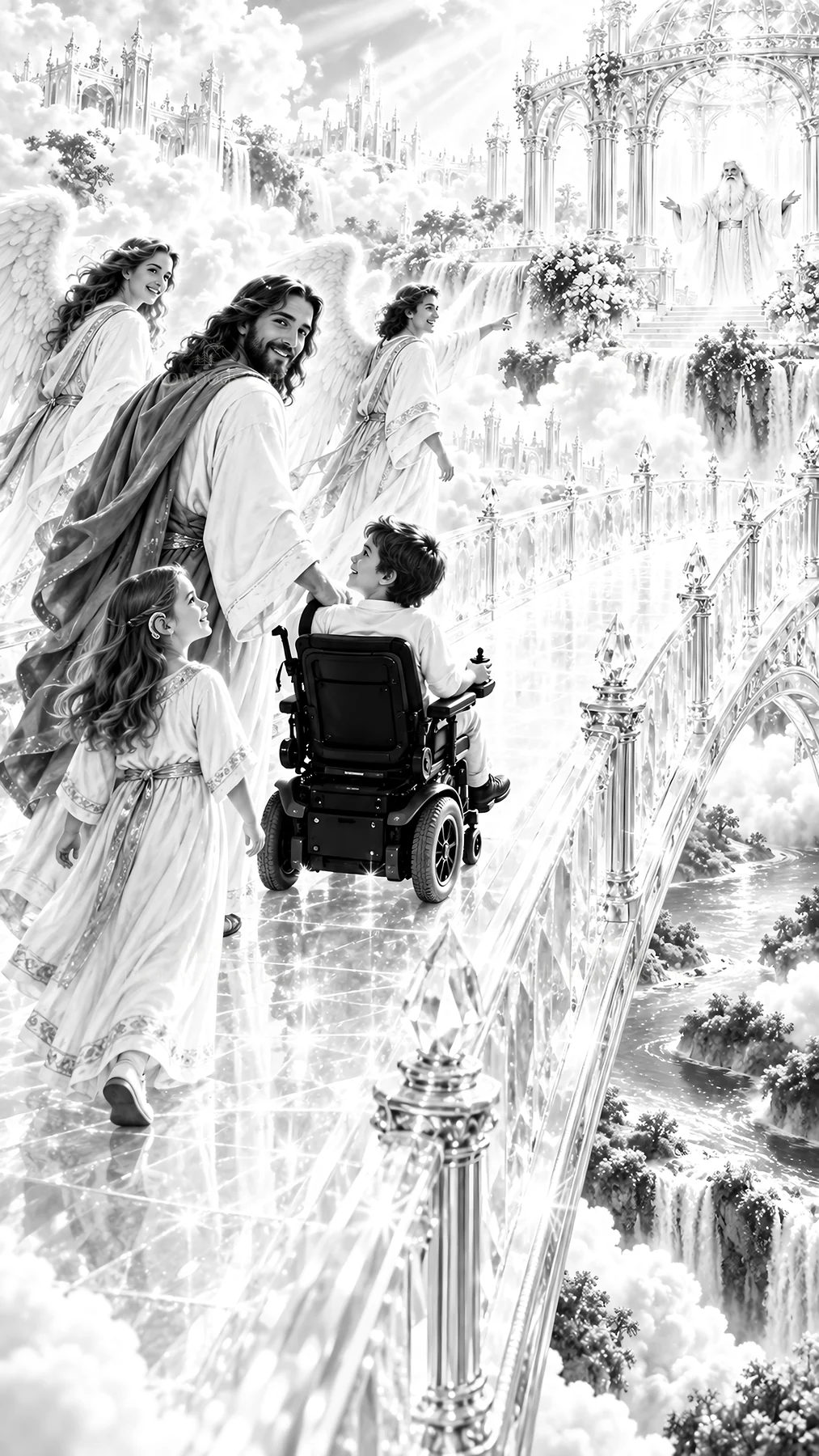 Jesus Christ guiding a child in a wheelchair through heaven - AI-generated stock image