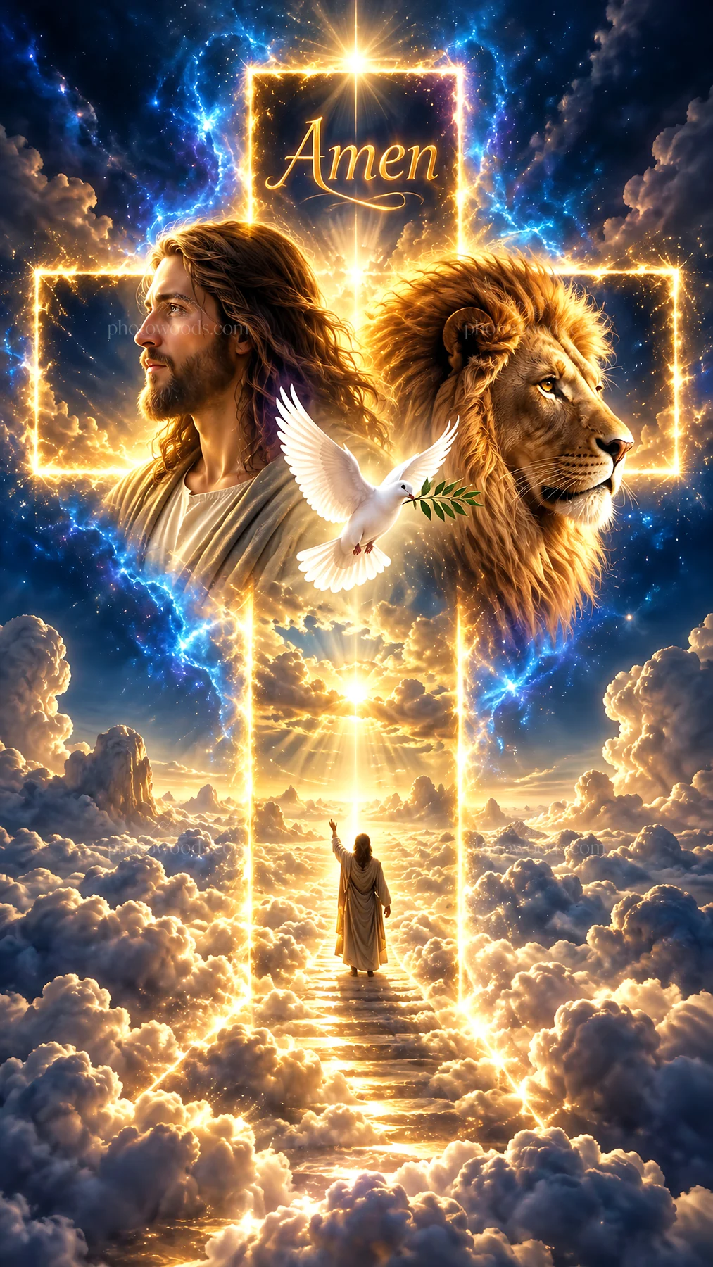 Jesus Christ with lion and dove in heavenly scene - AI-generated stock image