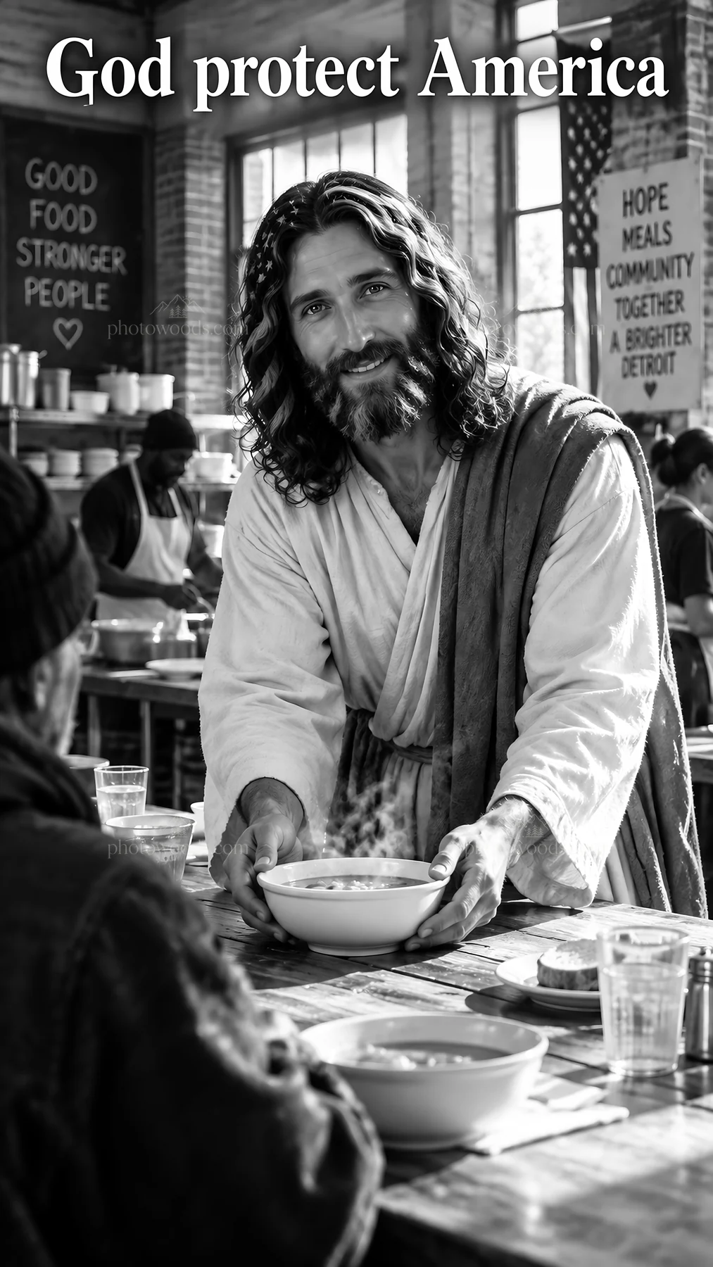 Jesus Christ sharing a meal in a community setting - AI-generated stock image