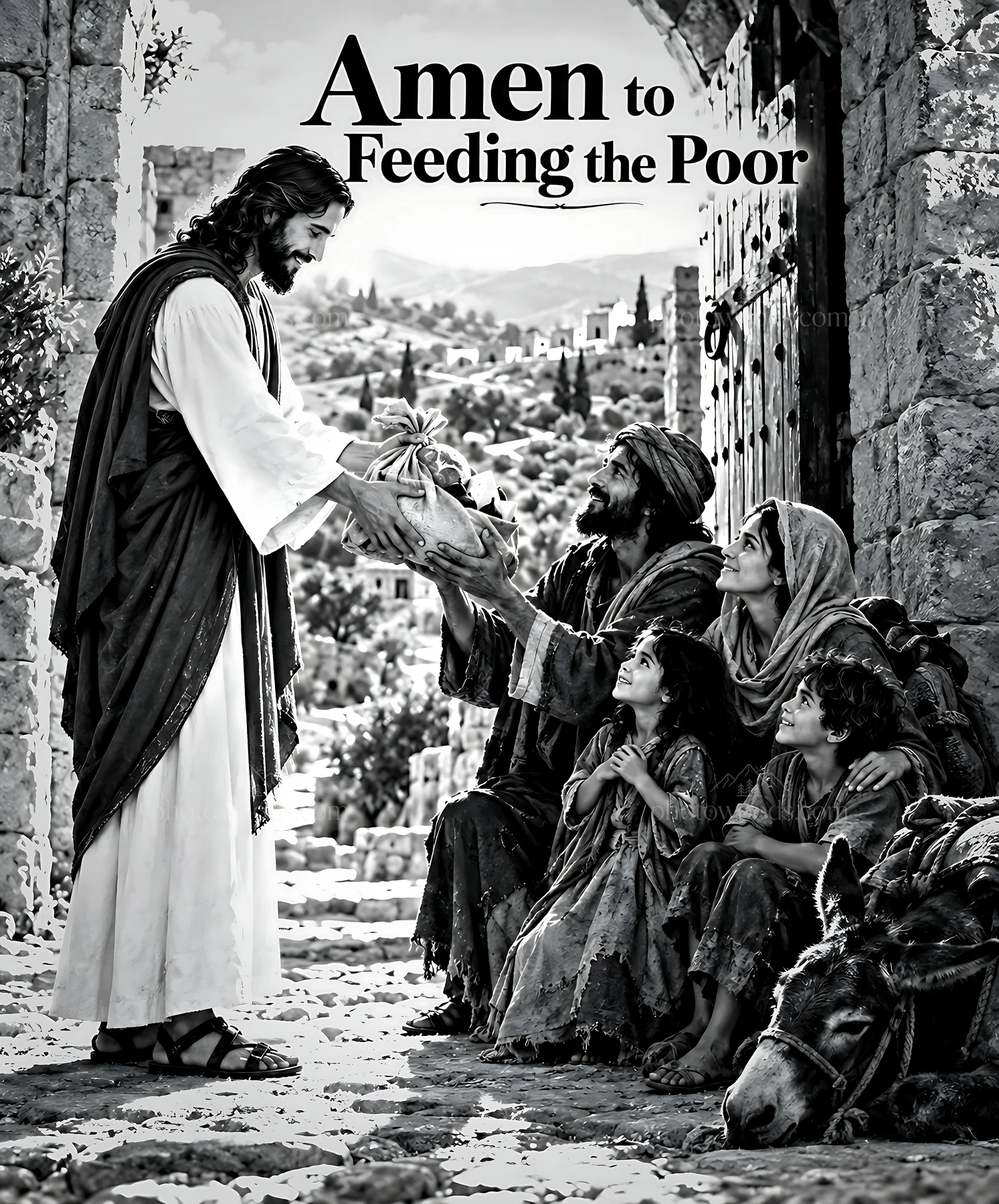 Helping at the village gate - AI-generated stock image