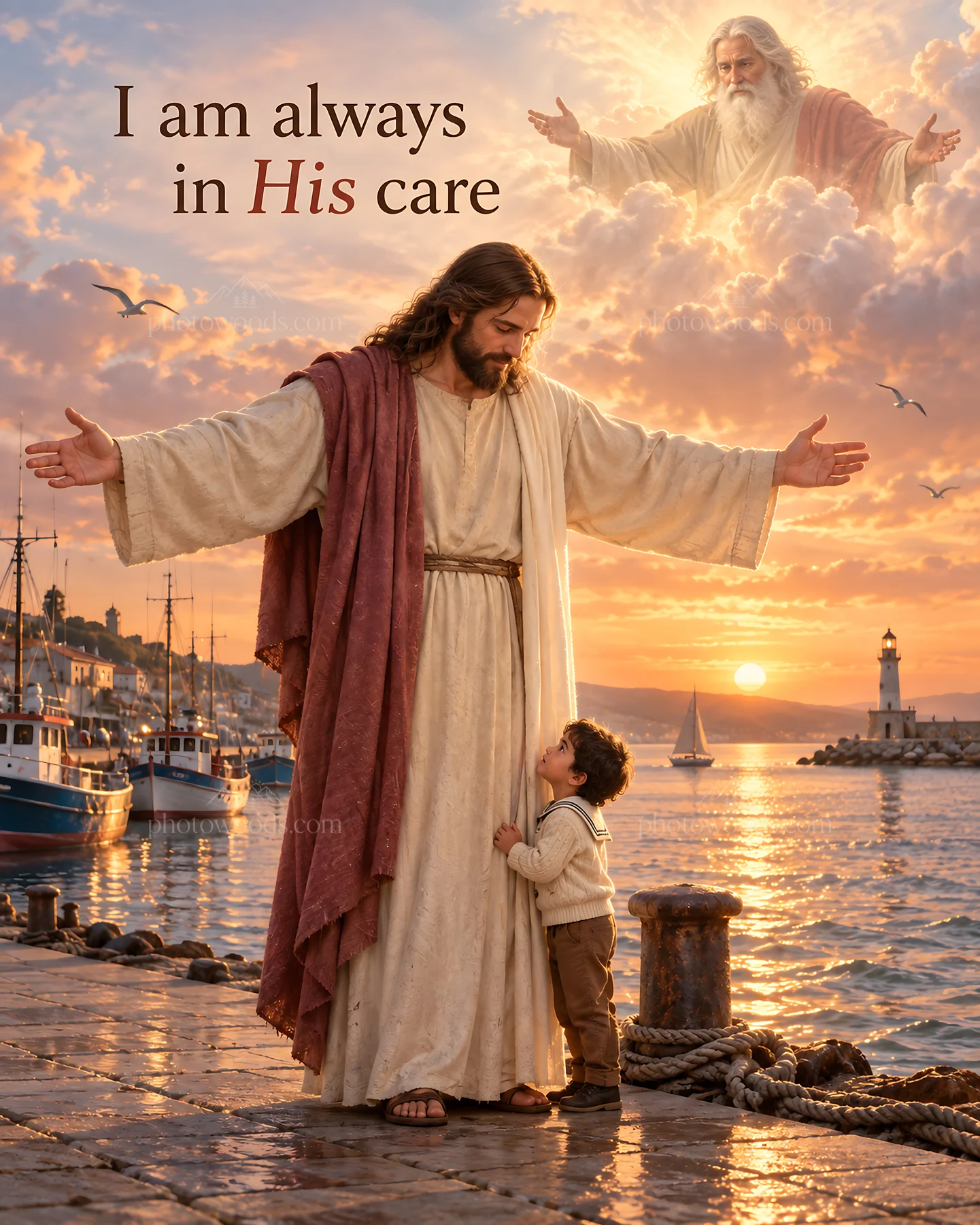 Jesus Christ embracing a child by the water at sunset - AI-generated stock image