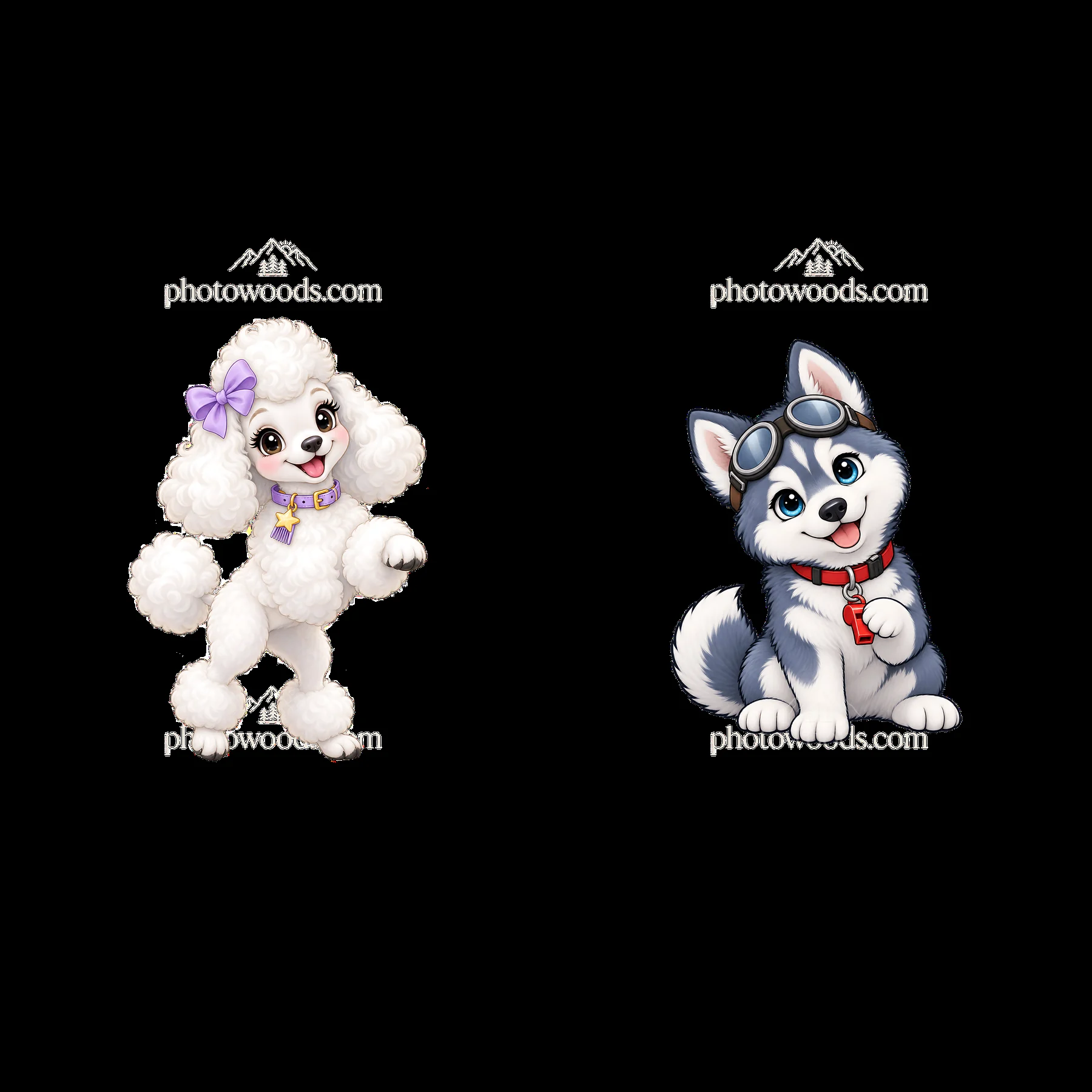 Cute cartoon dogs in playful poses with accessories - AI-generated stock image