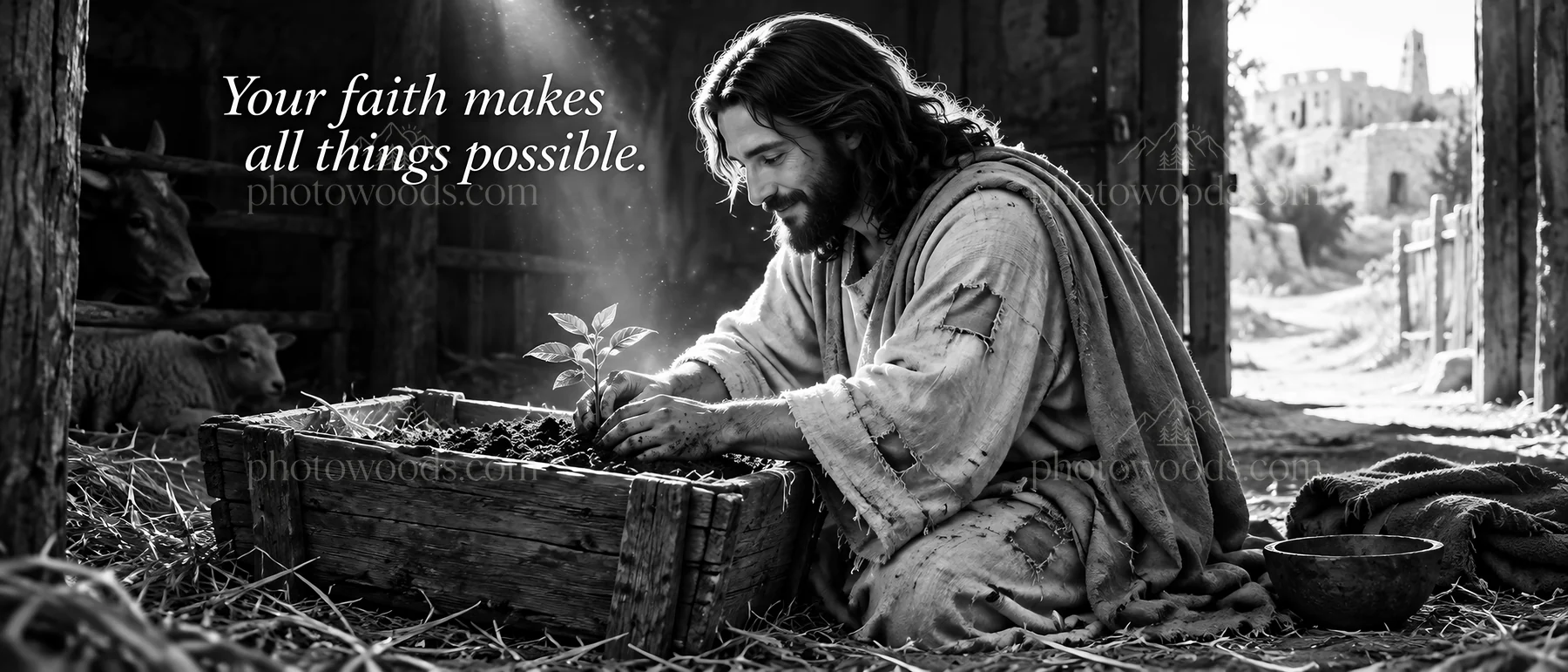 Jesus Christ tending to a plant in a humble setting - AI-generated stock image