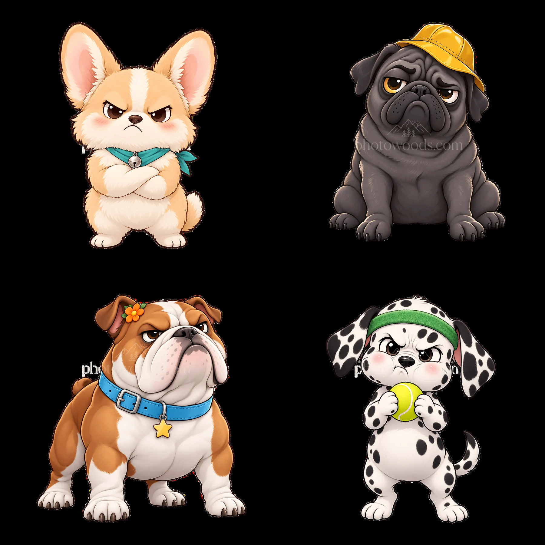 Kawaii grumpy dog stickers featuring cute cartoon breeds - AI-generated stock image