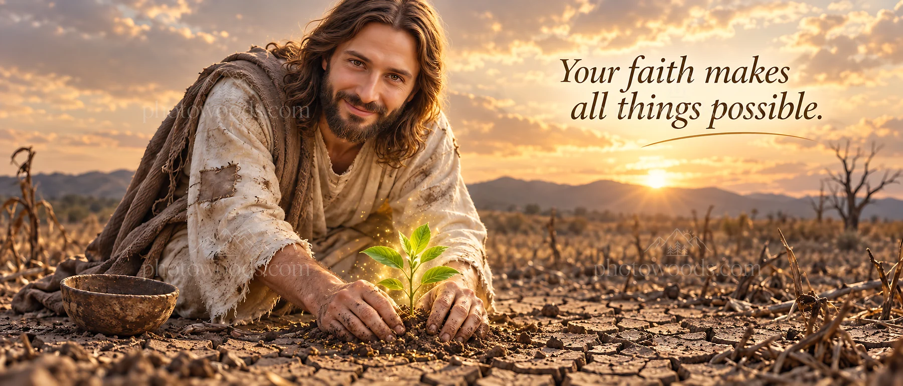 Jesus Christ planting a seed in dry land under a sunset - AI-generated stock image