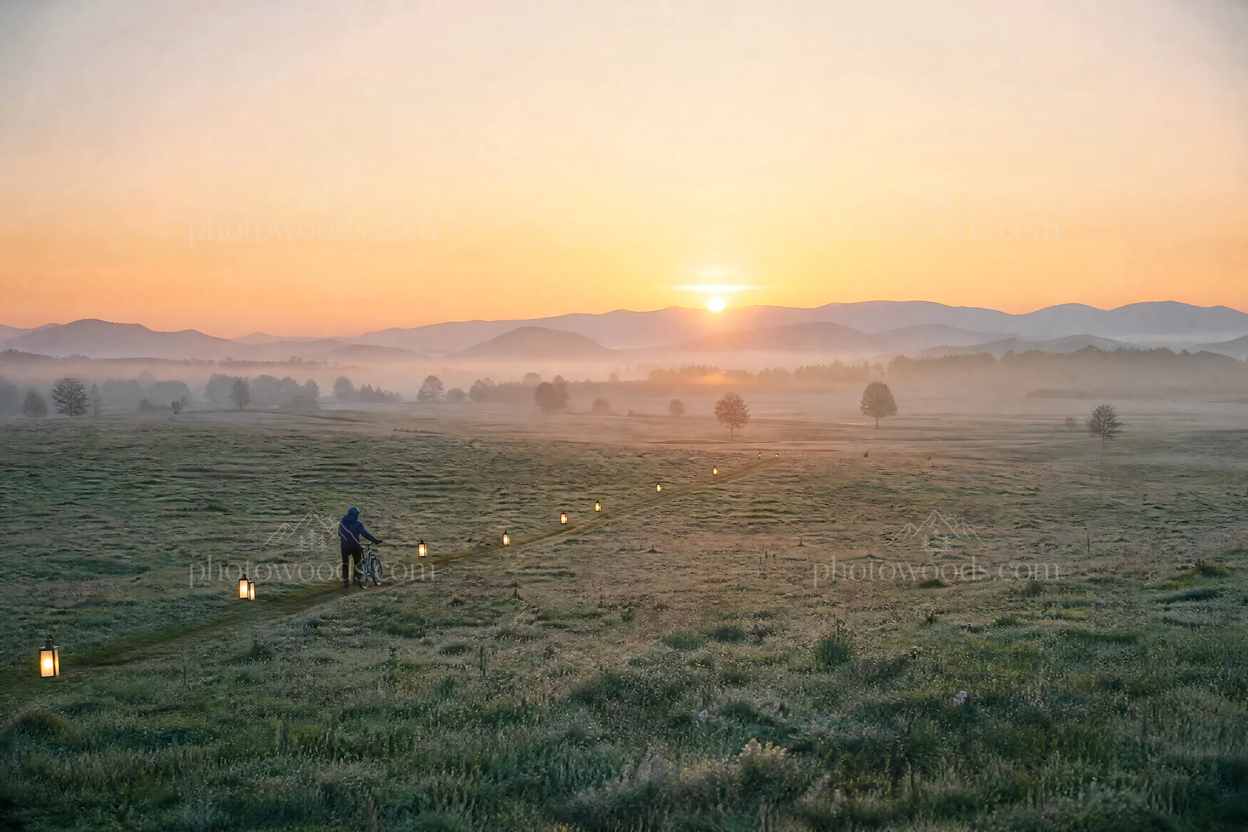 Lantern path in meadow at sunrise with cyclist - AI-generated stock image