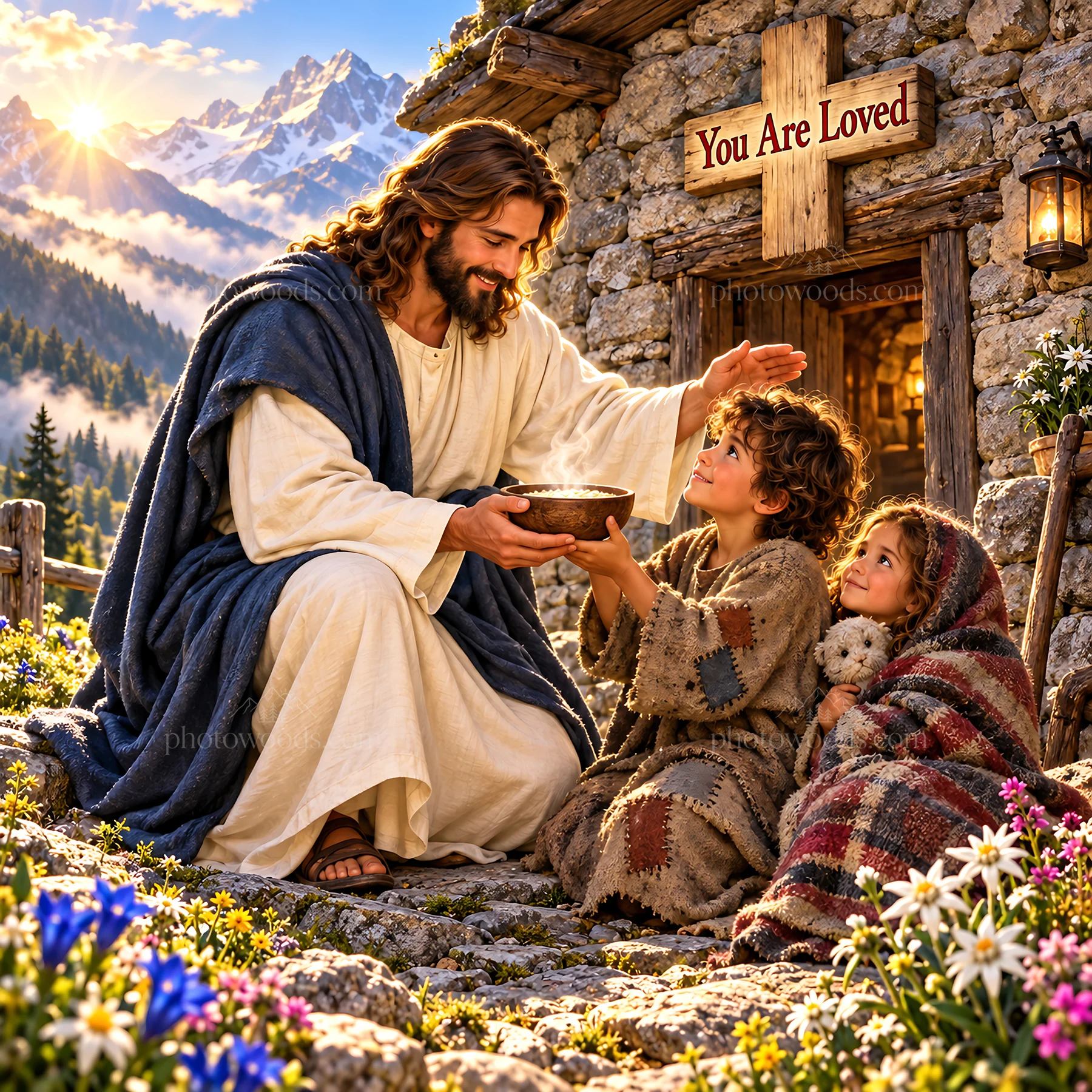 Jesus Christ sharing a bowl with children in a natural setting - AI-generated stock image