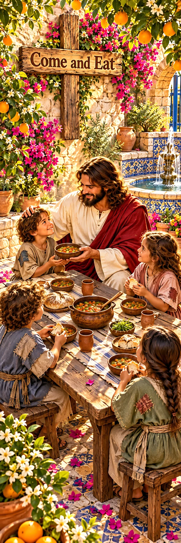 Jesus Christ sharing a meal with children in a garden setting - AI-generated stock image