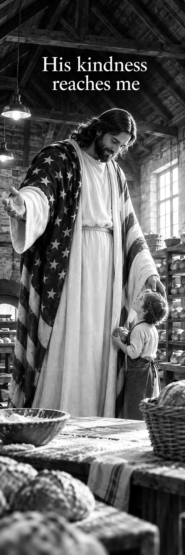 Jesus Christ shows kindness to a child in a warm setting - AI-generated stock image