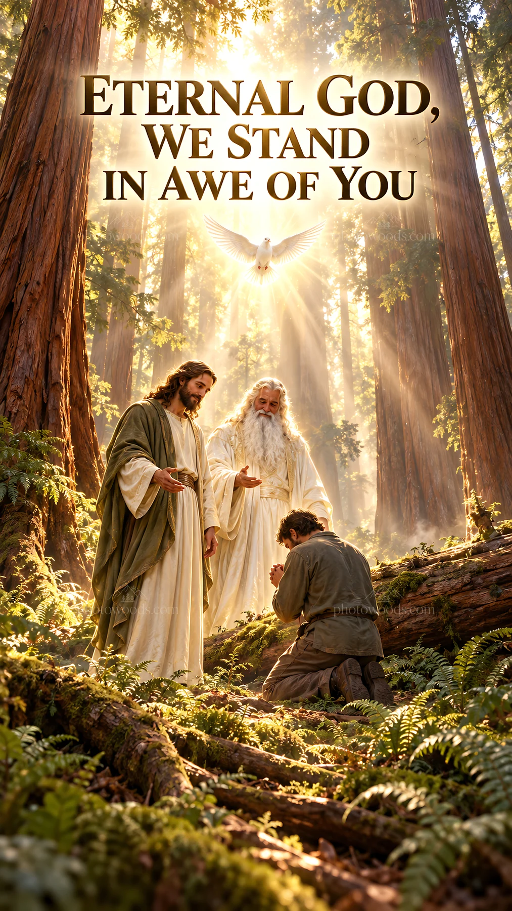 Jesus Christ with believers in a forest setting - AI-generated stock image