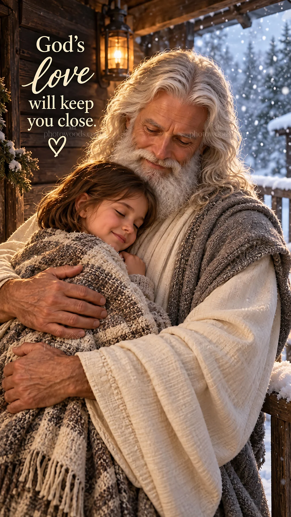 Jesus Christ comforting a child in a snowy setting - AI-generated stock image