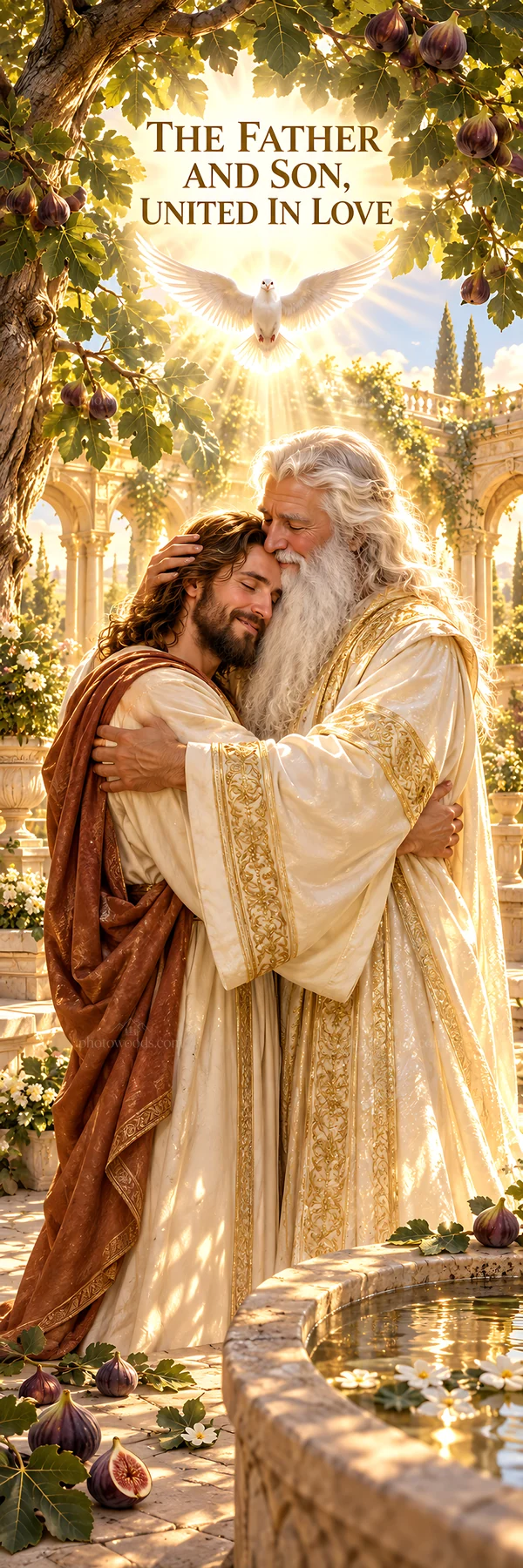 Jesus Christ embraces God the Father in a moment of love - AI-generated stock image