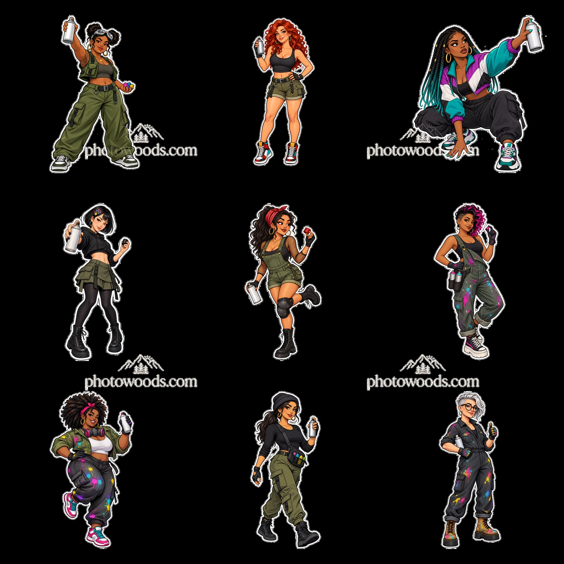 Female graffiti sprayers posing in a 3x3 cartoon character layout - AI-generated stock image