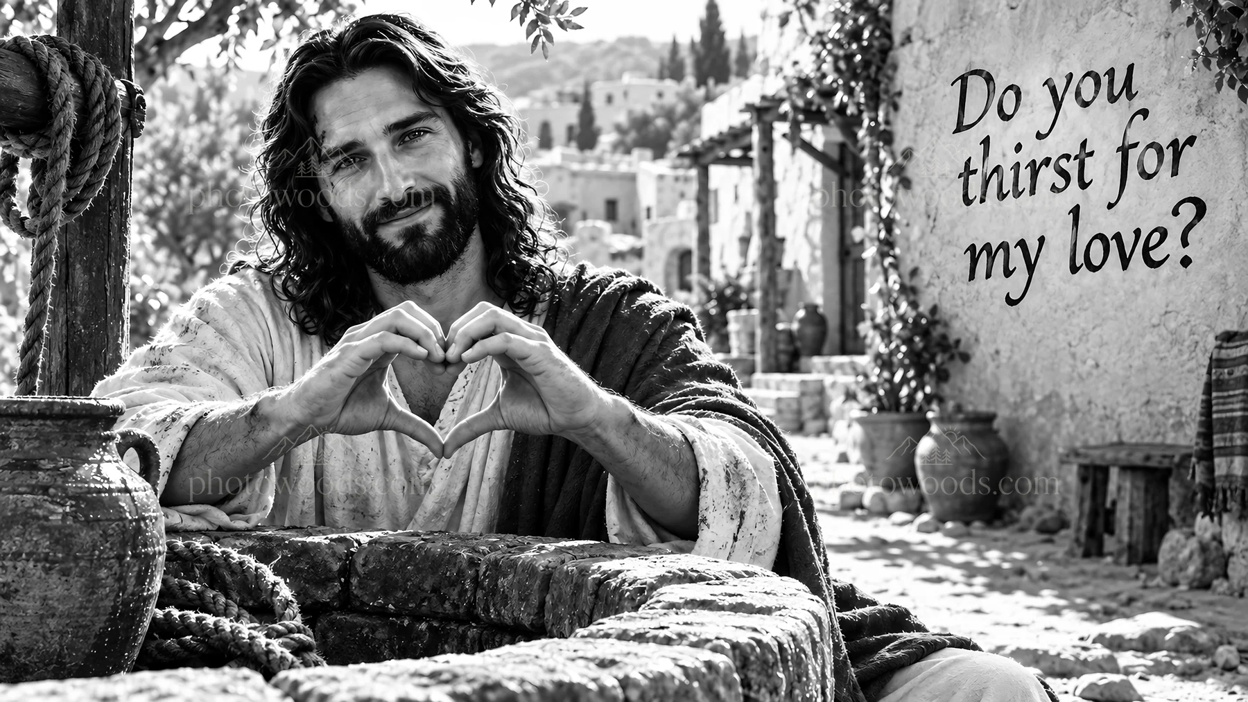 Jesus Christ at the well asking if you thirst for love - AI-generated stock image