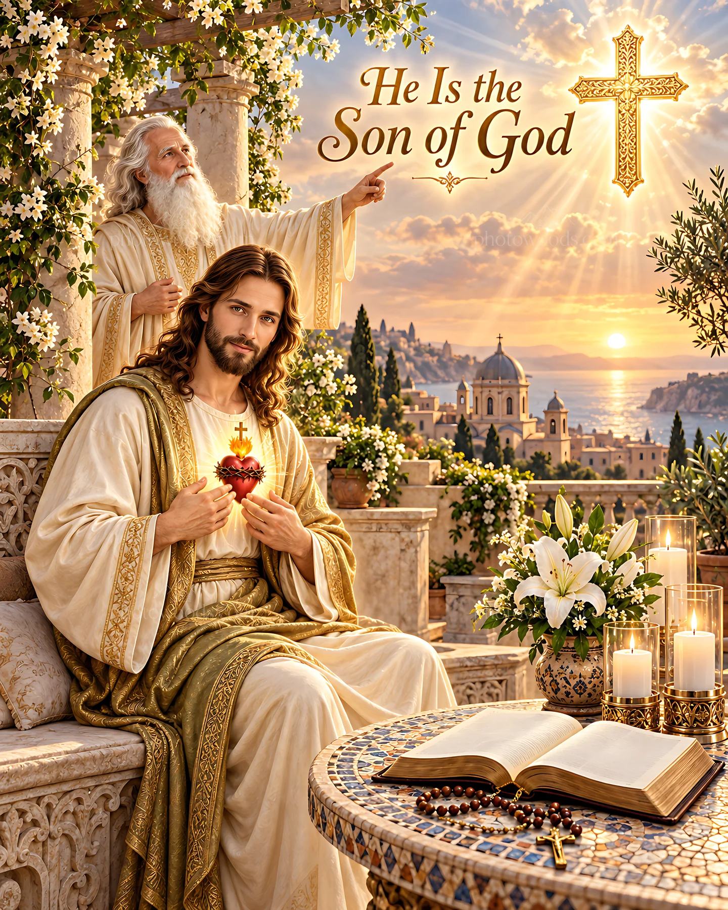He is the son of God with cross and candlelight in the garden - AI-generated stock image